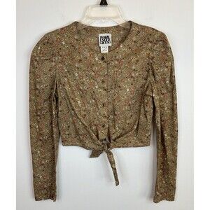 PRAIRIE UNDERGROUND Sax Brown Floral Button Top Small Tie Waist BOHO Retro USA